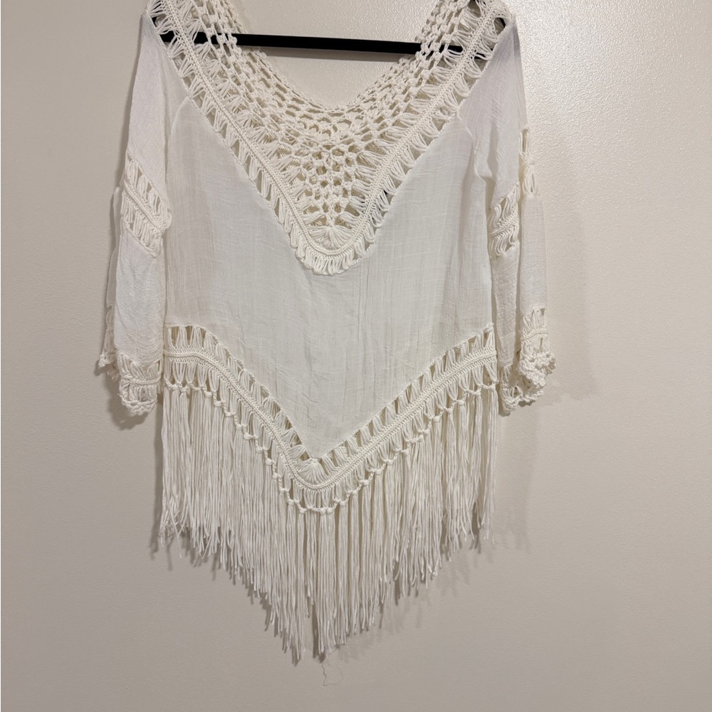 Boho Crochet Fringe Tunic Top - Cream size S festival